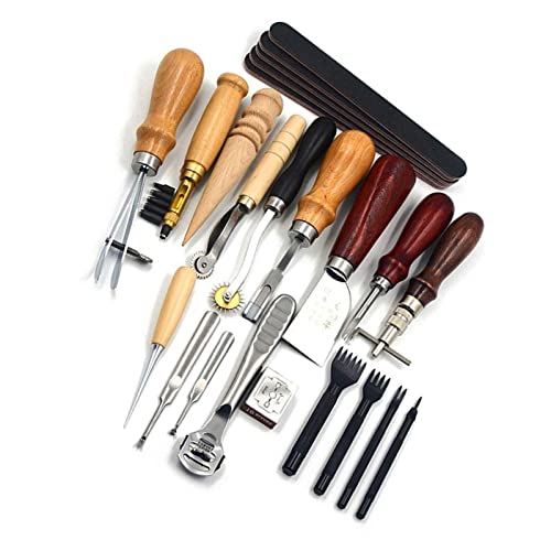 19Pcs Leather Craft Tools, Sewing Kit 19pcsset Punch Tools Leathercraft Stitching Marroquineria Leather Tool Arts & Crafts W Set Kit, Stamping Tool, Lacing Chisel for Hand G