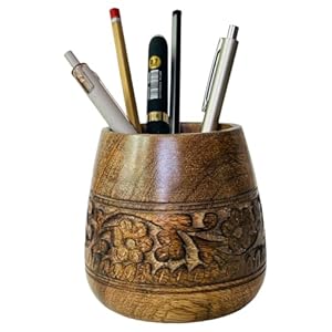 Mie Creations Designer Pencil Holder for Desk Wood | Wooden Pen Stand, Paintbrush Cup, Desk Accessories, Cute Make Up Brush Organizers | Office Desktop Stationery, Mothers Day Gift for Mom- 4” Brown