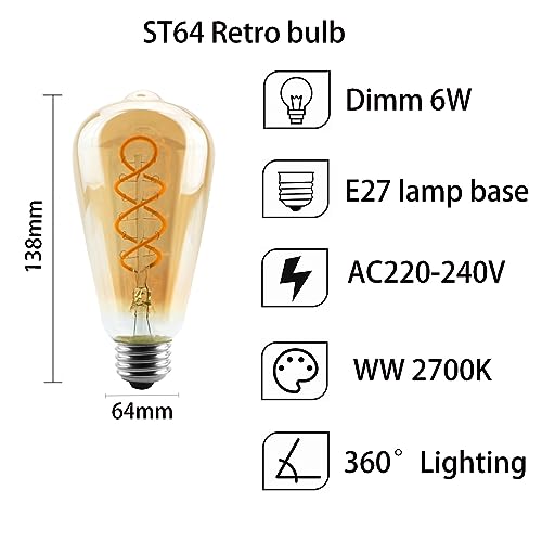 Y.W.Licht E27 Led Bulb Dimmable 2700K Filament Bulb ST64 6W Vintage Light Antique Lighting Retro Bulb Ideal for Nostalgia and Retro Lighting in the Home Cafe ba - Image 3