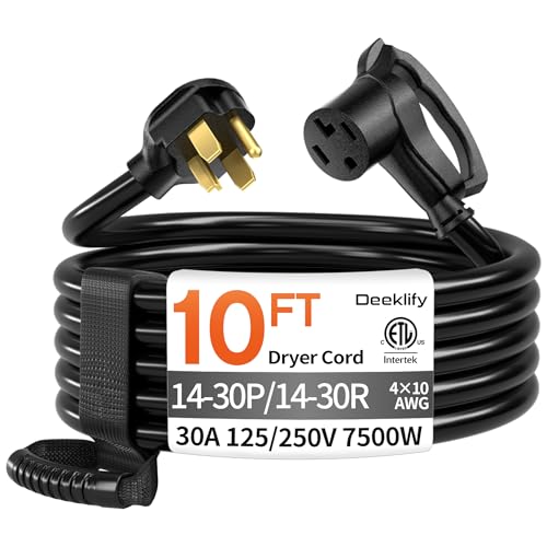 Deeklify 10 FT 4 Prong Dryer Extension Cord Outdoor Black 30 AMP 10/4 Gauge Heavy Duty NEMA 14-30P to 14-30R Waterproof SRDT Jacket ETL Listed for 4 Prong Dryers