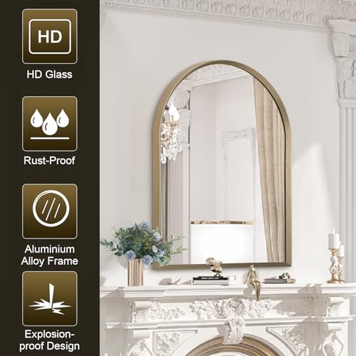 Image of Bathroom Arched Wall Mirror Brushed Metal Vanity Wall Mounted Mirror for LivingRoom Bedroom Entryway Room Vanity Home Decor 26 inchx18 inch