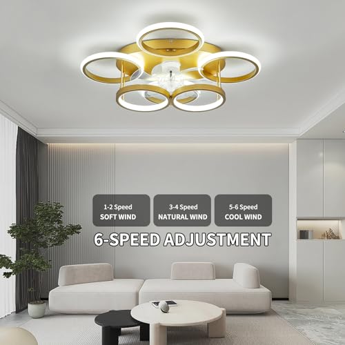 Anyeark Low Profile Ceiling Fan with Light Modern, Bedroom Ceiling Smart Fan with LED, Fandelier Ceiling Fan Flush Mount 25.6-inch, 3000K-6500K Stepless Color Change, Assembly Required (Gold) - image 2