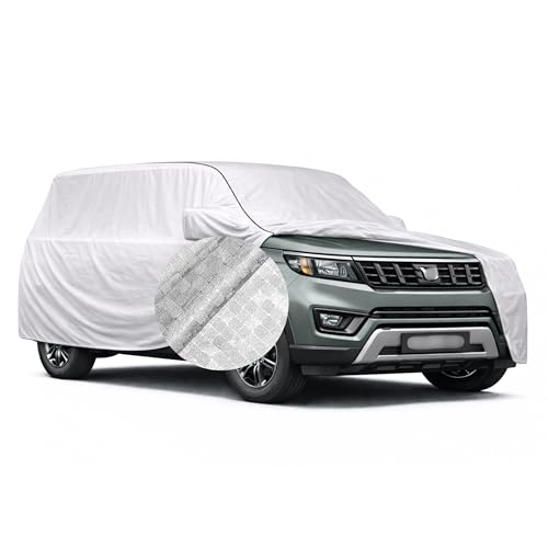 Image of SEAZEN Waterproof Car Cover for Mahindra Bolero Neo | Dustproof, UV & Scratch Resistant Soft Cotton Lining | Triple Stitched, Mirror Pockets & Elastic Hem | Metallic Silver with Black Piping