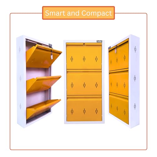 Image of 20 Inch Wall Mounted Metal Shoe Rack With Doors, Slim Space Saving Shoe Storage with Central Lock for Modern Home (Glossy Amber, 3 Door)