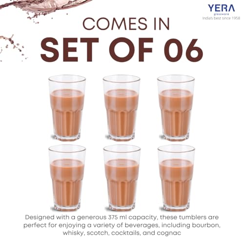 Image of Yera Stylo Designer Tumbler Set of 6, 375 ml Each | Transparent | Hot & Cold Drinks, Juice, Cocktail, Milkshake, Smoothie | Ideal for Home, Party, Restaurant, Gifting | Special Occasions