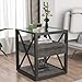 Set of 2 Modern End Table with Drawer - Nightstand for Bedroom & Living Room, Rustic Wood Grain MDF & Tempered Glass Top, Industrial Style Side Table