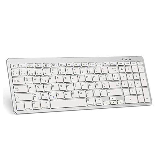 OMOTON Teclado Bluetooth Español con Sistema de iPadOS iOS, Teclado Inalámbrico con Numérico Separado, para iPad 10.2, iPad 9.7, iPad Pro 10.5, iPhone, Plata
