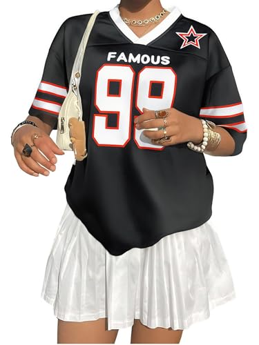 Oversized Jersey Shirts for Women Shirts Y2K Number Graphic Jerseys V Neck Cute Streetwear Tee Tops