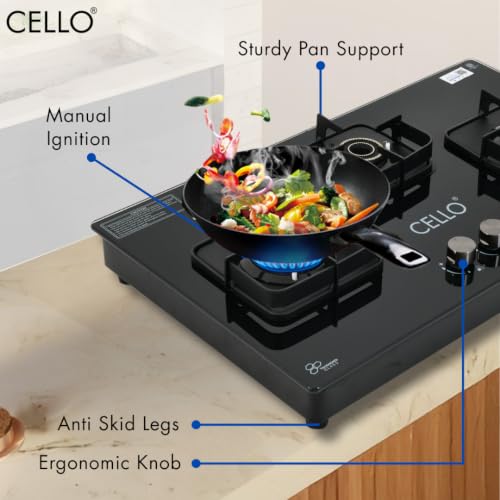 Image of Cello Pearl Plus Hob-Top 3 Burner | Manual Ignition | 8mm Toughened Glass | Flower Design Brass Burners | 1 Year Warranty by Cello | Black
