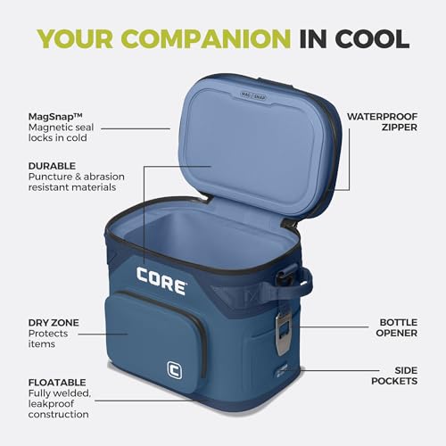 Image of CORE Magnetic Leak Proof Soft Cooler with Waterproof Zipper | Insulated Bag Portable Ice Chest Box | Best Soft Cooler for Food & Beverages for Tailgating, Car Camping, Travel, and Family Beach Picnics
