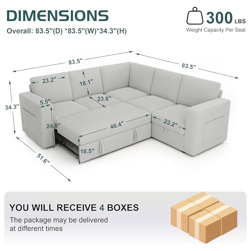 Image of 83.5 inch Corduroy Sectional Sleeper Sofa, Pull Couch with Storage, Light Gray | 5 Seat Comfy Couches for Living Room, Apartments, or Guest Spaces; Sectionals Modular Sofa Design, Comfortable Seating.