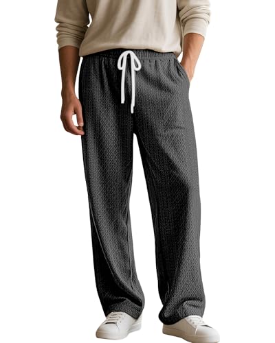 Men's Textured Casual Pants Lightweight Elastic Waist Drawstring Pant Stretch Relaxed Fit Sweatpants Trousers