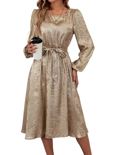 Women 2025 Summer midi Dress Round Neck Waisted Tie-Up Long Sleeve Shine Dress