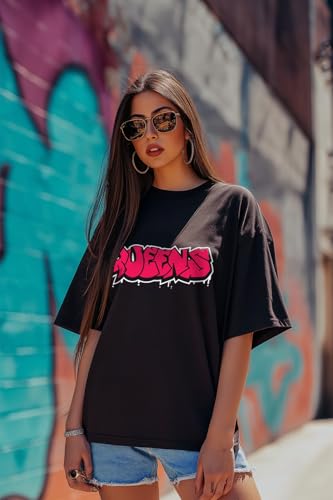 Image of JUNEBERRY Round Neck Drop Shoulder Round Neck Black & White Graphic Printed Pure Cotton Oversized Baggy Fit Half Sleeve T-Shirt for Women & Girls (Sizes: S to 2XL)