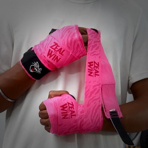 Image of Mexican-Style Boxing Hand Wraps - Breathable Stretch Cotton /Poly, 2 inch Wide with Hook & Loop, CAT Skin Graphic & Zeal to Win Slogan 2.5 Meter