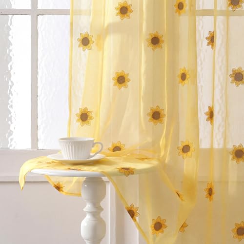Tegeme 2 Panels Yellow Sunflower Sheer Curtains for Girl Boy Bedroom 84 Inches Long Embroidered Voile Curtains Decorative Coquettish Sheer Shades Linen Semi Window Decor for Summer Home Party Office