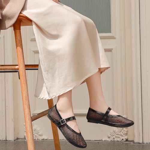 Women's Mesh Ballet Flats Round Toe Fishnet Ballerina Flats Buckle Strap Mary Jane Ballet Flats for Parties or Casual Dress Shoes4