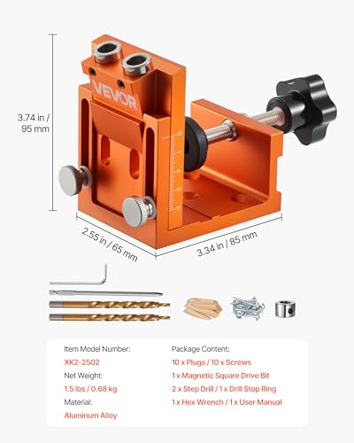 Image of VEVOR Pocket Hole Jig Kit, 0.47 to 1.89 in Adjustable, Jig Pocket Hole System with Step Drill, Hex Wrench, Drill Stop Ring, Square Drive Bit, Plugs and Screws, Reinforced Metal Frame, for Woodworking