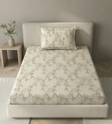 Image of Mafatlal 186 TC Metro Cotton Single Bedsheet | 90 x 60 Inch|Soft, Breathable & Lightweight | with Matching Pillow Cover| Cream Gold