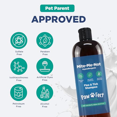 Image of Hypoallergenic Flea and Tick Relief 16.9oz Dog Shampoo for Sensitive Skin Mite Me Not Formula for Itchy and Dry Coats Deep Cleansing and Moisturizing Pet Wash for Dogs and Puppies 500ml