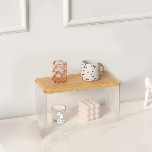 Coffee Station Acrylic Organizer - Wooden Desktop Storage Shelf for Office, Kitchen & Living Room, Multi-Layer Coffee Cup Holder & Condiment Rack, Acrylic Display Shelf for Mugs, Books (1 Tier)