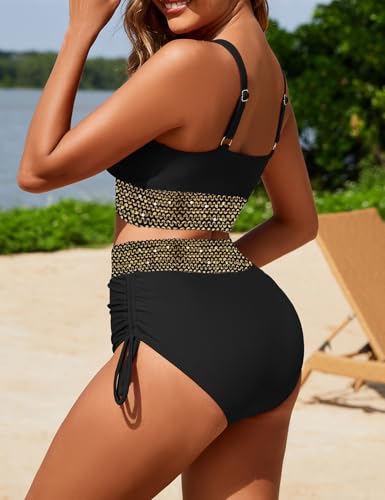 Women's High Waisted Bikini Sets Two Piece Tummy Control Swimsuit Color Block Bathing Suits2