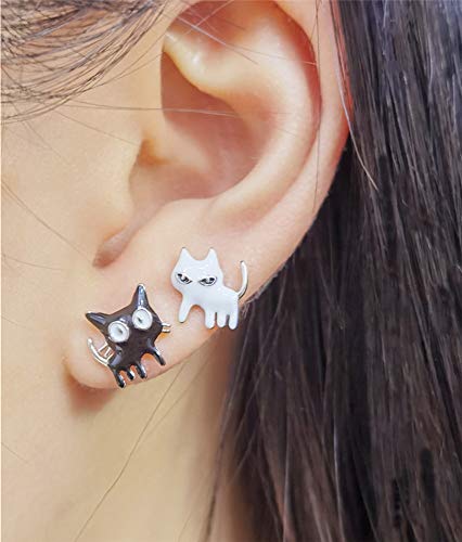 Asymmetrical Black White Cat Earrings for Women Girls 925 Sterling Silver Enamel Cats Kitten Cute Animal Small Studs Earring Hypoallergenic Lovely Jewelry Gift for Pet Lover3