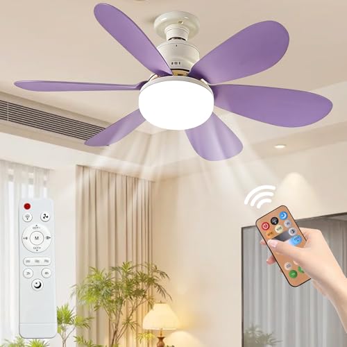 Image of YumSur Ceiling Fans with Lights,E27 40W Ceiling Lamp with Fan RC Timing, 3 Speeds 3 Colors (3000-6500K) LED Lights, Quiet Fan 6 Blades,Modern Fan Lamp for Bedroom Living Room(style1 Purple)