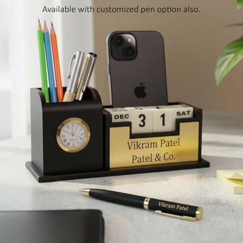Image of Deskart Customized Pen Holder with Clock, Infinity Cube Flip Calendar & Business Visiting Card Holder | Premium Stylish Office Stationary Organizer for Desk