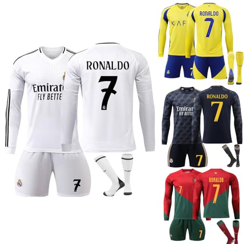 サッカー ユニフォーム 長袖 ロナウド ユニフォーム 背番号7 上下セット ソックス付き キッズ 子供用 大人用 練習着 スポーツ シャツ (1, 28)