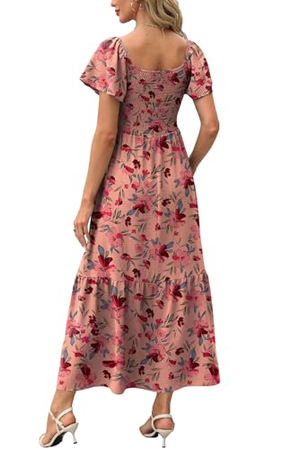 Image of OFEEFAN Summer Dresses for Women Square Neck Ruffle Sleeve Smocked Maxi Dress with Pockets