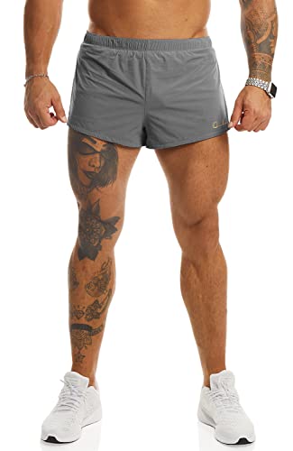 Ouber Men's Running Shorts with Liner 2'' Workout Shorts Bodybuilding Side Split Mesh Gym Shorts Grey,L