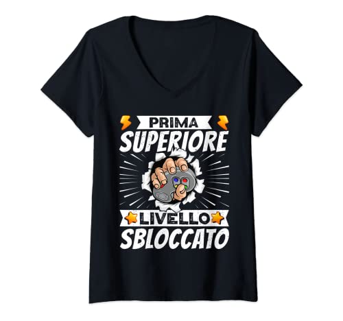 Donna Prima Superiore Livello Sbloccato Scuola Videogiochi Gamer Maglietta con Collo a V