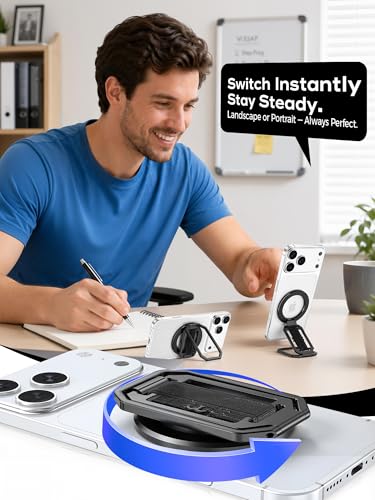 Image of 【On-the-Go】 Pro Aluminum Phone Grip Stand for MagSafe,【Extendable】 360 Rotatable Magnetic Ring Holder with【Anti-Slip】 Finger Strap for iPhone 17 16 Pro Max Portrait Landscape & Mag Safe Case - Black