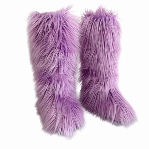 QMFUR Women's Furry Knee High Snow Boots Faux Fur Mid-Calf Boot Fluffy Flat boot Winter Warm Fashion Boots