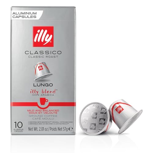 Image of ILLY - Classico Lungo Aluminium Coffee Capsules (10 Pods, 57g) By COUGAR | 100% Arabica Classic Roast Coffee | Mild Balanced Smooth Taste | Compatible with Nespresso Machines | Premium Italian caffe - (Imported-ITALY)