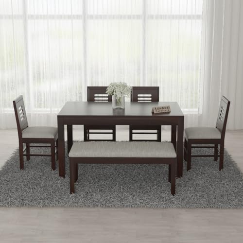 Image of Sheesham Wood 4 Chair with 1 Bench Dining Table Set with Cushioned Chairs for Dining Room | Living Room | Home & Office | Hotels Restaurant (6 Seater with Bench, Walnut)