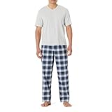 Amazon Essentials Men's Cotton Stretch Poplin Pant with Cotton Jersey T-Shirt Pajama Set, Country Plaid/Light Grey Heather, Large
