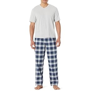 Amazon Essentials Herren Pyjama-Set aus Baumwoll-Stretch-Popeline-Hose und Baumwoll-Jersey-T-Shirt, Hellgrau Meliert/Ländliches Karo, L