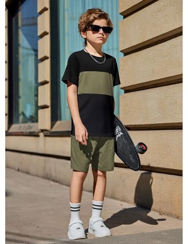 Image of Arshiner Boys' 2-Piece Cotton Outfit Color Block T-Shirt and Shorts Set Summer Camo Clothes for Kids 5-14 Years