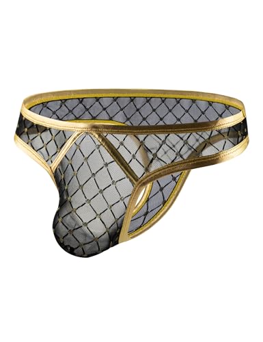 comeondear Mens Sexy Thong Underwear Sheer Bulge Pouch Briefs Underpants Low Rise Bikini Gold Foil Stamped Swimwear