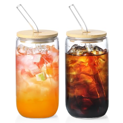 NETANY 2 Pack Glass Cups with Bamboo Lids and Straws 16 oz Gifts for Women Drinking glasses set Iced Coffee Cup Tea Cup Cute Aesthetics Tumbler Cup Mothers Day Birthday Gifts for Her Mom