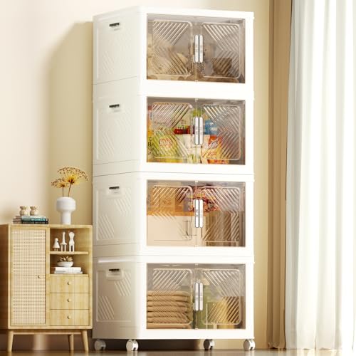 Storage Bins with Lid 48QT, Stackable Storage Containers with Wheels and Magnetic Doors, Plastic Clothes Closet Organizers and Storage Box for Pantry, Home and Office (4 Pack)