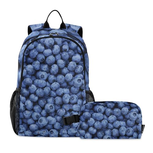 Blue Blueberry Backpack with Lunch Bag, School Travel Backpack for Teens Boys Girls Kids Backpacks Set
