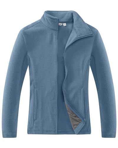 33,000ft Damen Fleecejacke mit Durchgehendem Reißverschluss Stehkragen Damen Leichte Fleece Jacke Antistatische Outdoor Damenjacke für Wandern und Freizeit, Graublau M