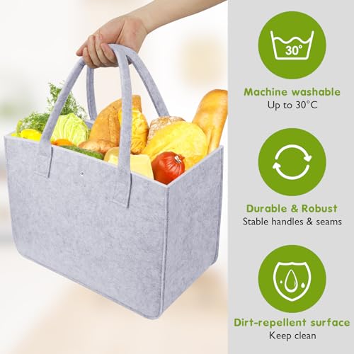 PUWOWYE 2 Stück Filztaschen Shopper, Filztasche, Faltbar Tragetasche Shopping Bag, Tasche Filz zur Spielzeug, Einkaufen, Ausgehen, Aufbewahrung, 30x18x20cm, Hellgrau Schwarz