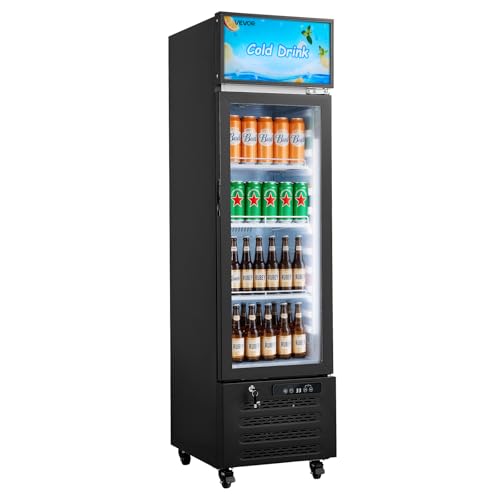 Image of VEVOR Commercial Merchandiser Refrigerator, 6.1 Cu.Ft / 173 L Glass Door Display Refrigerator, Upright Beverage Cooler with Customizable Lightbox, 3 Adjustable Shelves & Soft LED Light for Homes Shops