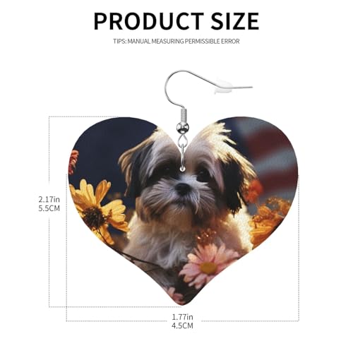 Shih Tzu Hunde- und Blumen-Leder-Ohrringe für Damen, Herz-Ohrringe, leicht, baumelnd, Schmuck, Geschenke