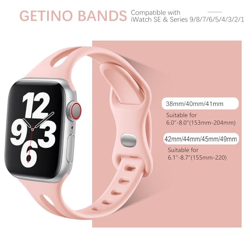 Image of Getino Slim Bands Compatible with Apple Watch Band Series 11 10 9 8 7 6 5 4 3 2 1 SE 38mm 40mm 41mm 42mm Women, Dressy Silicone Skinny Thin Sport iWatch Wristbands,Black /Pink /Smoke Purple /Starlight