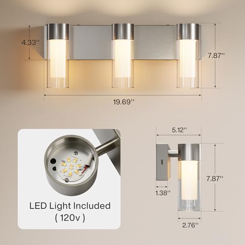 Image of Tribesigns LED Bathroom Light Fixtures, 3-Light Vanity Lights Over Mirror, Wall Lights with 3 Color Modes & Sand Nickel Finish, Wall Sconces with Clear Glass Shades for Bathroom Hallway Bedroom